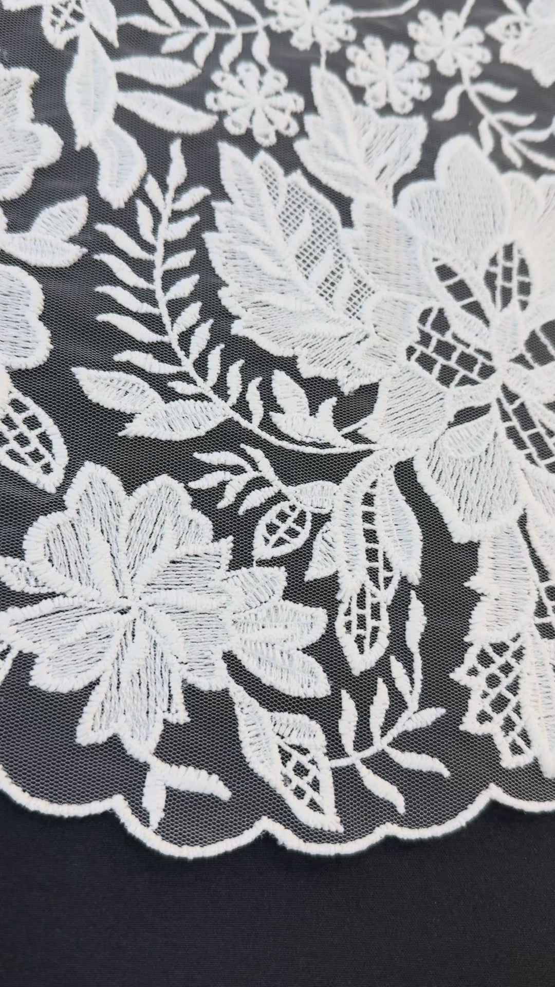 Luxury White Floral Embroidered Lace Fabric with Scalloped Edge – Bridal & Couture