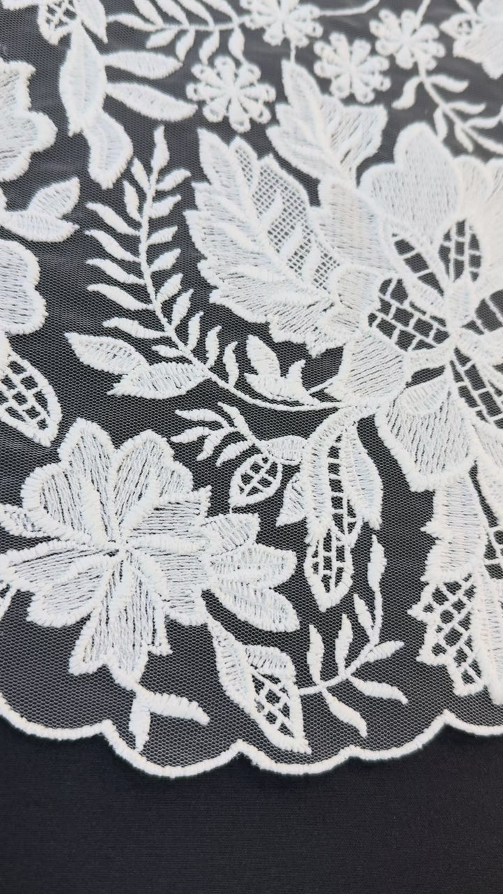 Luxury White Floral Embroidered Lace Fabric with Scalloped Edge – Bridal & Couture