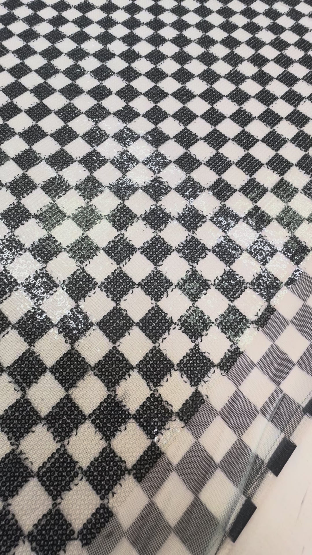 Black and White Sequin Checkered Mesh – Modern Glamour Couture Fabric ( 1 Piece = 5 Meter)
