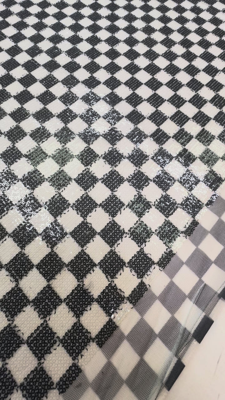 Black and White Sequin Checkered Mesh – Modern Glamour Couture Fabric ( 1 Piece = 5 Meter)
