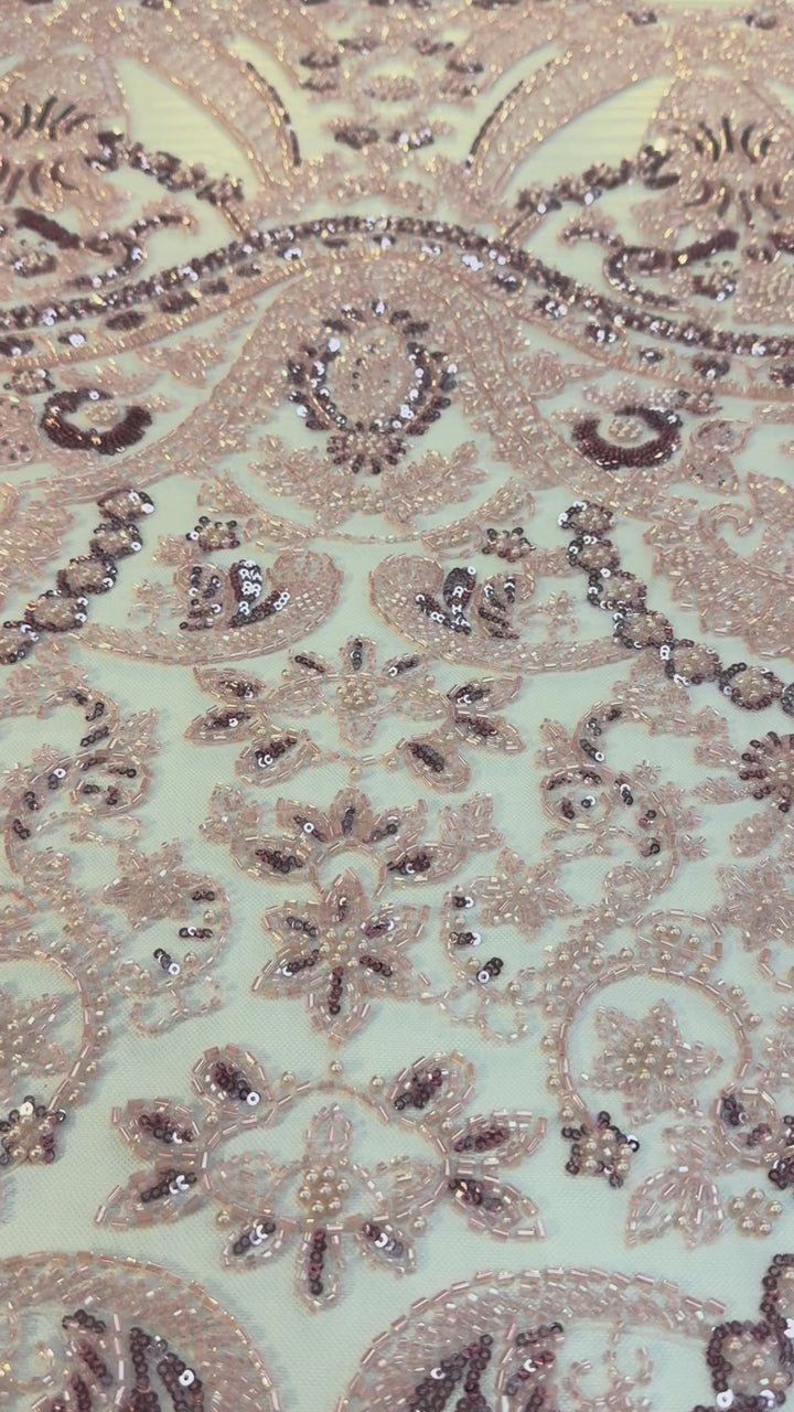 Luxury Light Pink Beaded & Sequin Embroidered Tulle Fabric – Haute Couture Bridal & Evening Wear