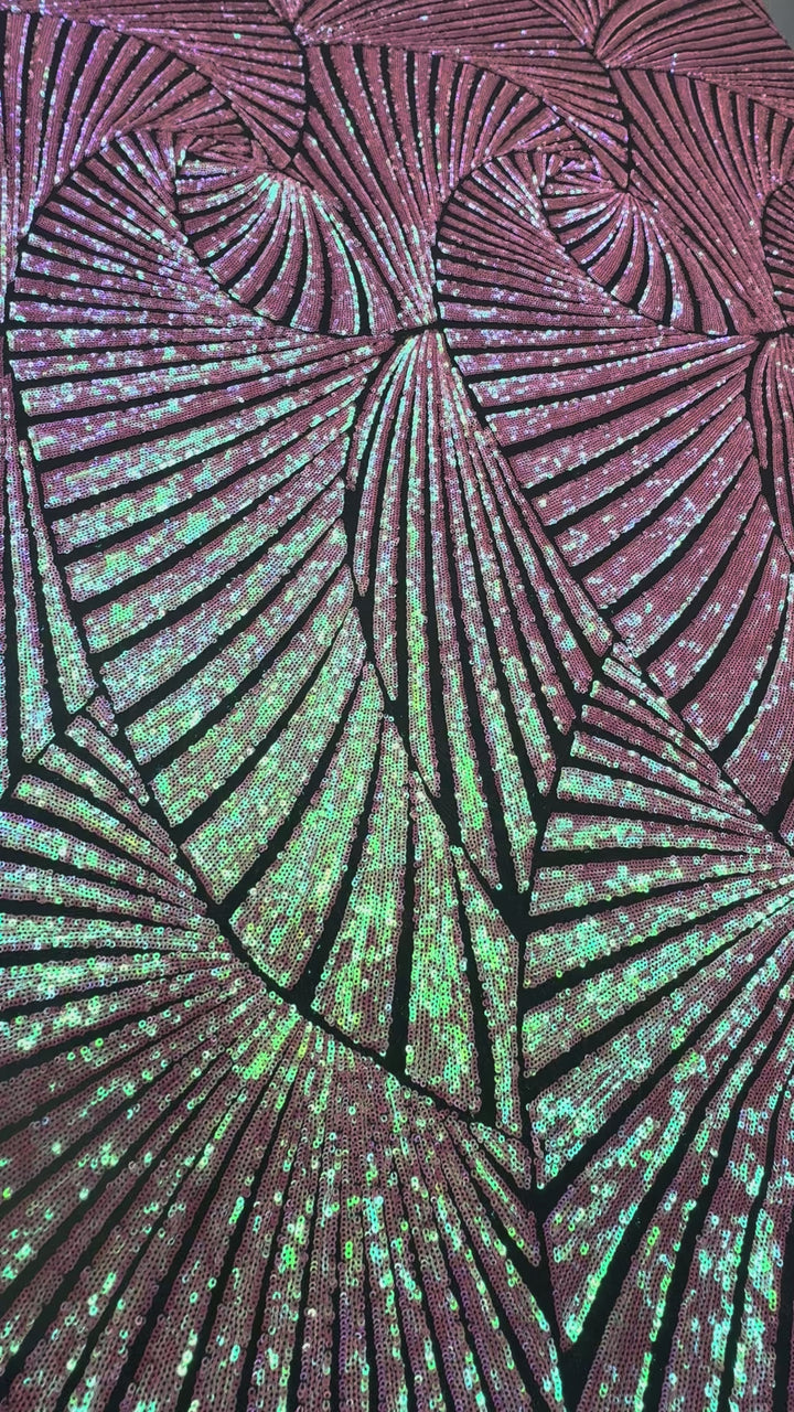 Iridescent Sequin Fan Pattern on Mauve Mesh