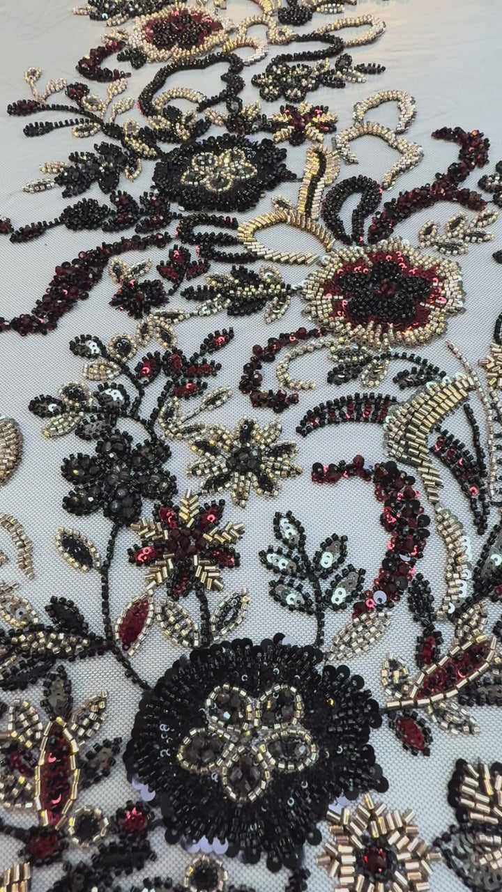 Black, Red & Gold Beaded Floral Embroidery on Tulle – Luxury Couture Fabric (1 Piece = 4 Meter)