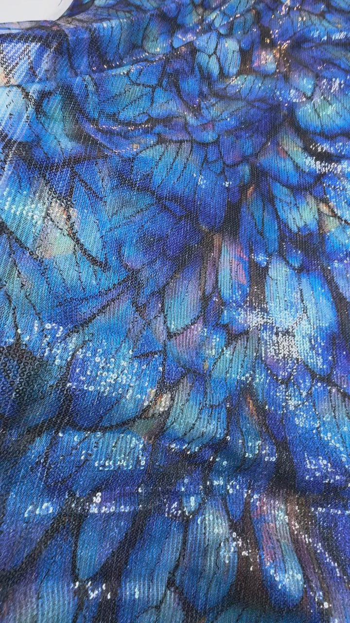 Luxury Iridescent Blue Feather Sequin Fabric