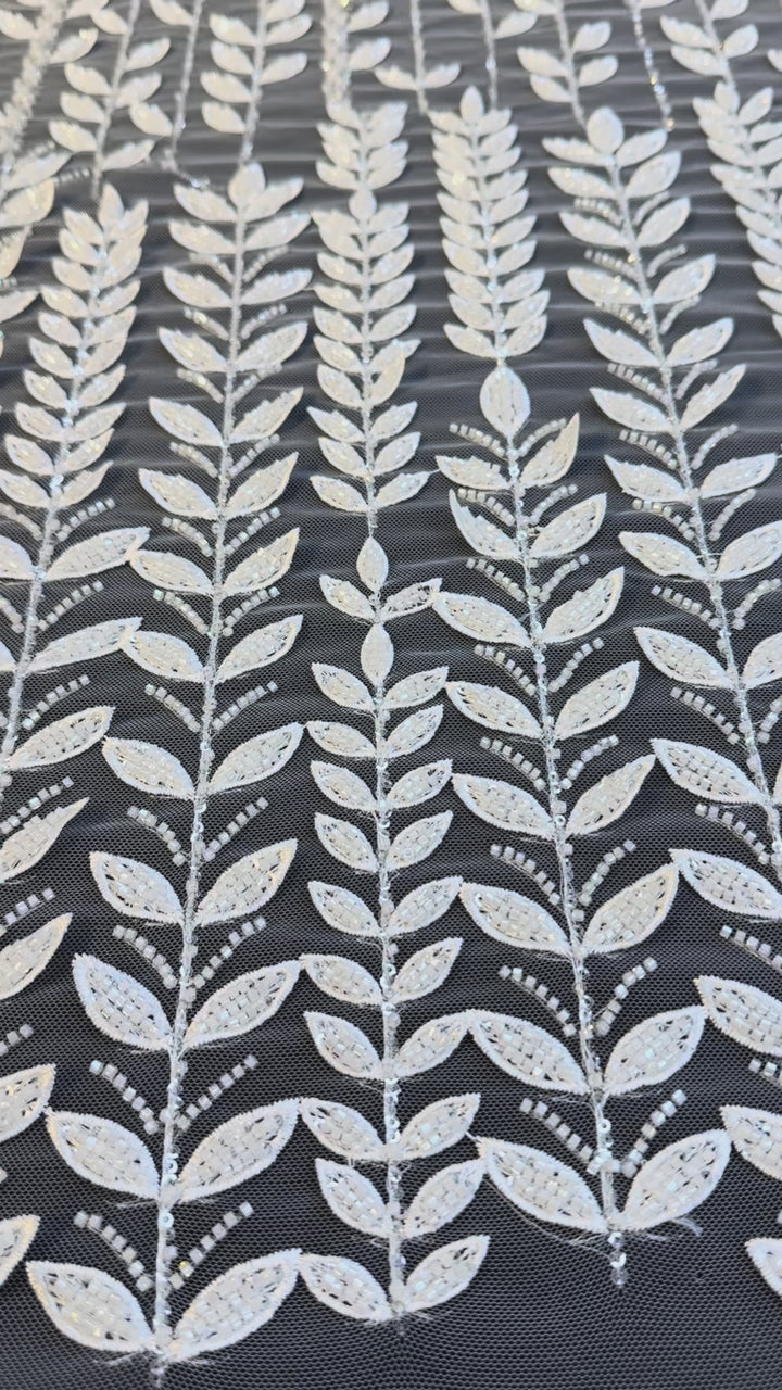 Luxury Beaded Vine Embroidered Tulle Fabric – Silver Leaves on White Mesh( 1 Piece = 2 Meter)