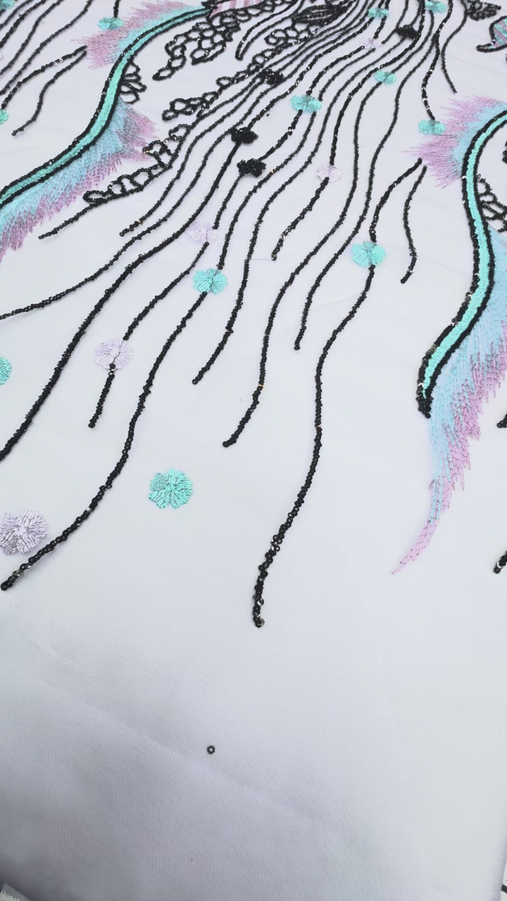 Luxury Pastel Embroidered Lace with Black Sequin Accents