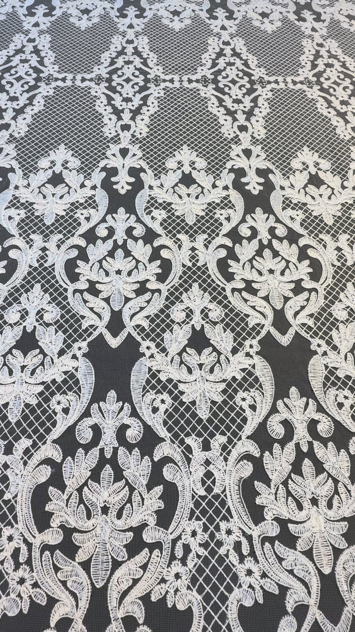 Luxury Baroque-Inspired White Embroidered Lace Fabric with Scalloped Edge( 1 Piece = 3.5 Meter)