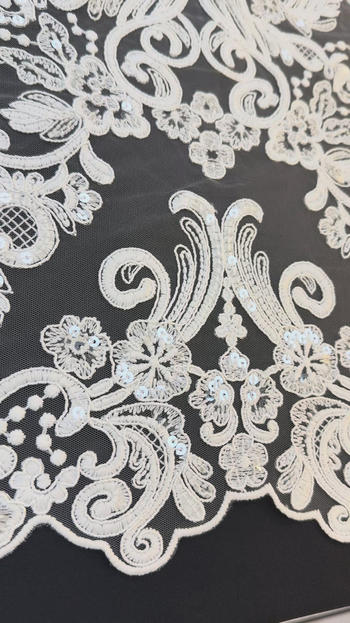 Luxury Off-white Bridal Lace with Sequins & Floral Embroidery( 1 Piece = 3.5 Meter)