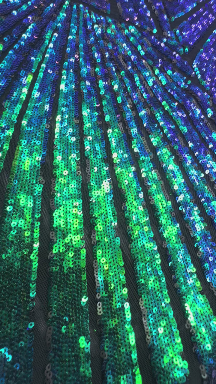 Blue-Green Iridescent Sequin Fabric on Black Mesh ( 1 Piece = 4 Meter)