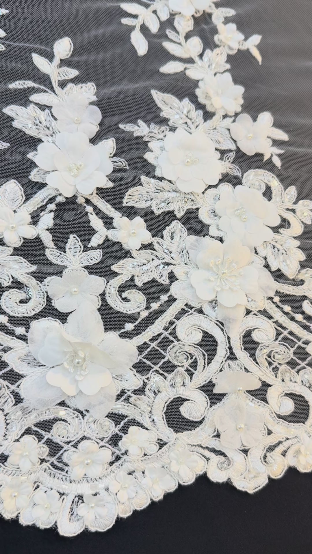 Luxury 3D Floral Lace Fabric with Sequins & Pearls – White Embroidered Bridal Tulle