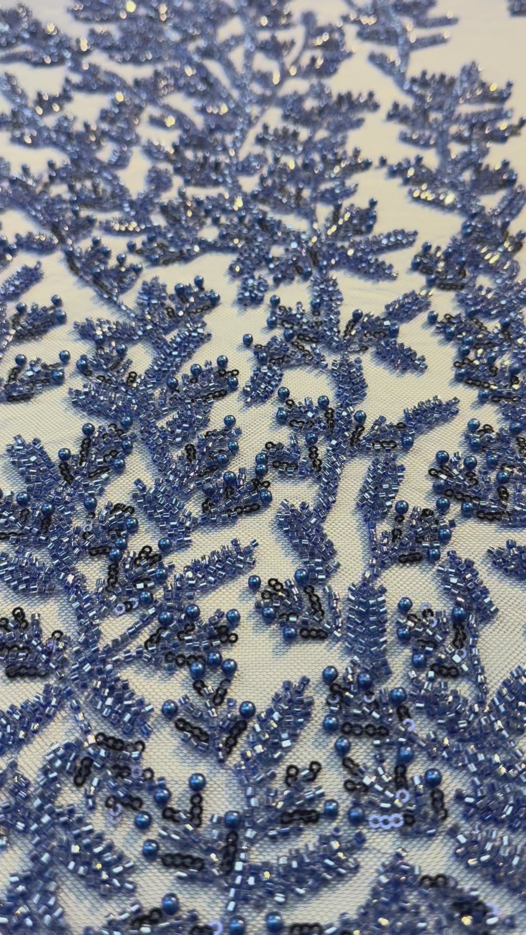 Luxury Royal Blue Beaded Tulle Fabric – Couture Embroidery with Sequins & Pearls( 1 Piece = 2.5 Meter)