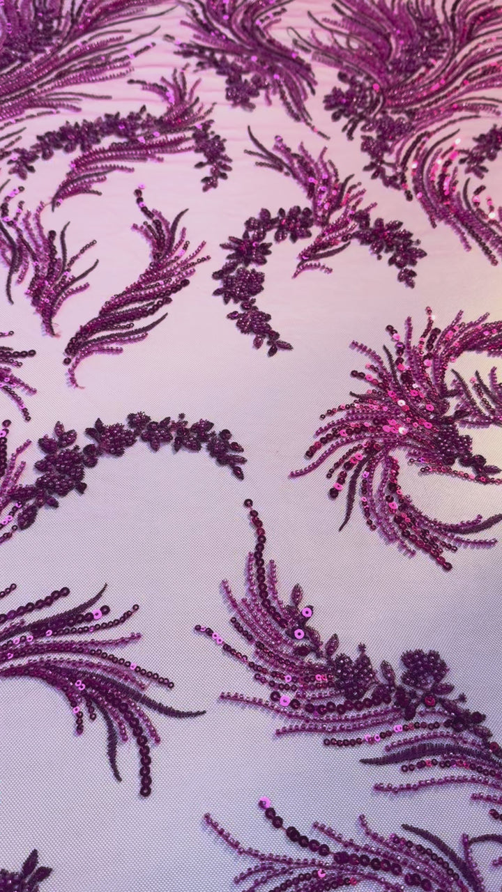 Luxury Magenta Sequin & Bead Embroidered Tulle Fabric – Haute Couture Evening & Bridal Wear (1 Piece = 2.5 Meter)