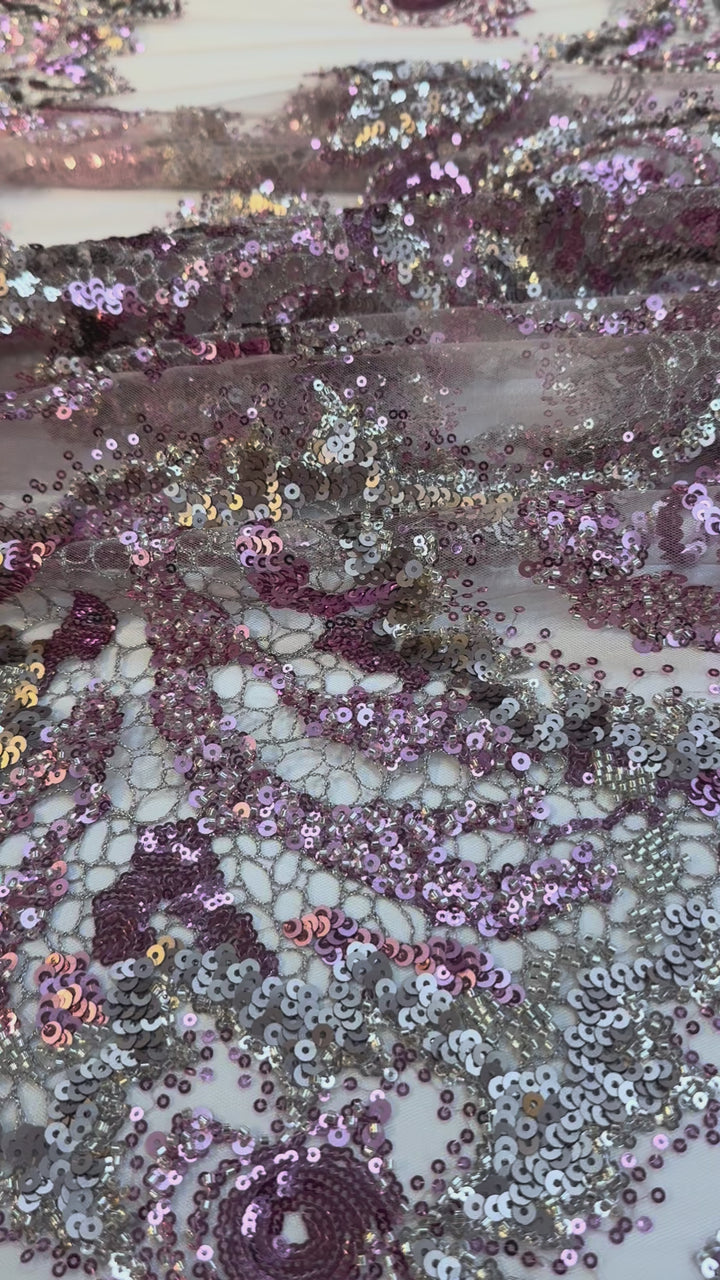 Luxury Pink & Silver Swirl Sequin Embroidered Tulle Fabric (1 Piece = 5 Meter)