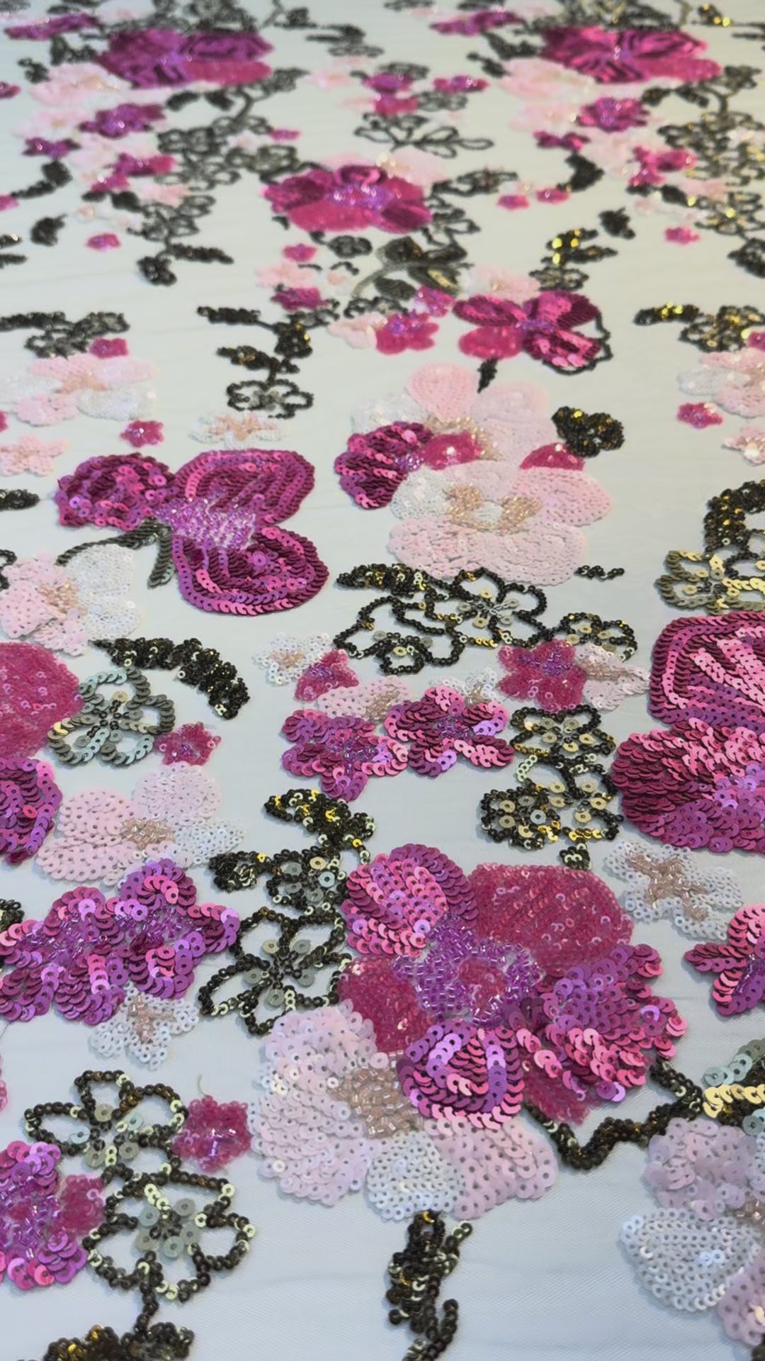 Luxury Pink & Gold Floral Sequin Embroidered Tulle Fabric (1 Piece = 2 Meter)