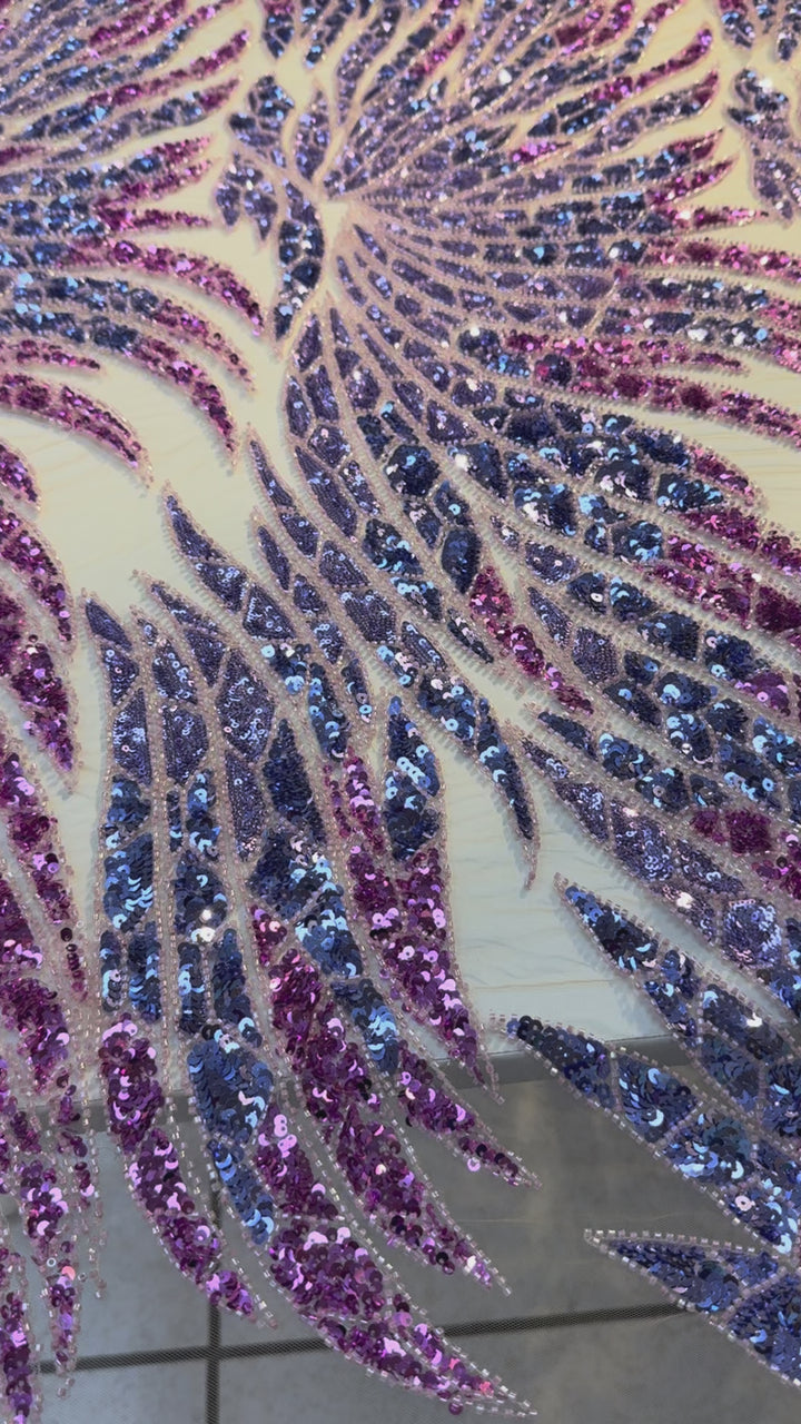 Luxury Ombre Sequin Beaded Fabric in Purple & Blue Tones – Couture Evening & Bridal Wear ( 1 Piece = 1.5 Meter)