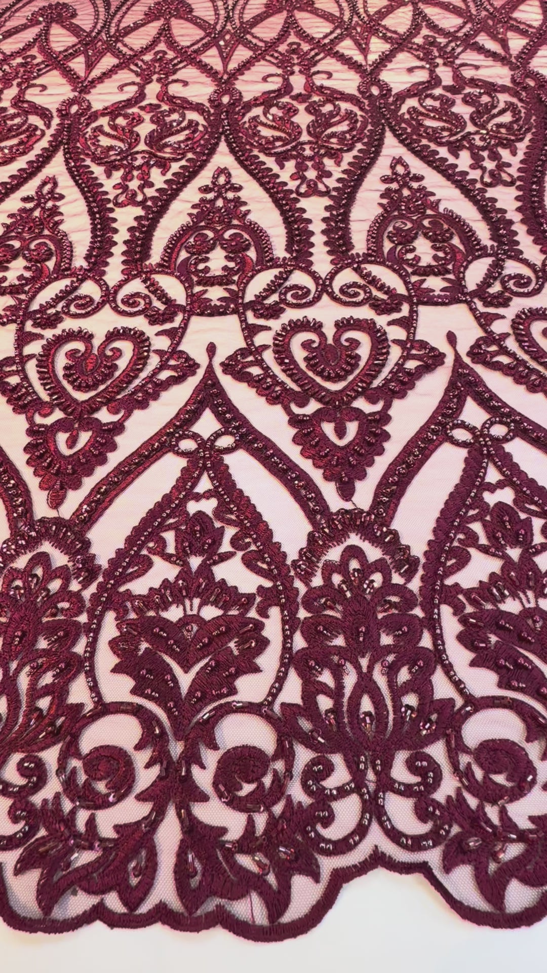 Luxury Burgundy Embroidered Lace with Sequins & Beads – Bridal & Haute Couture Fabric