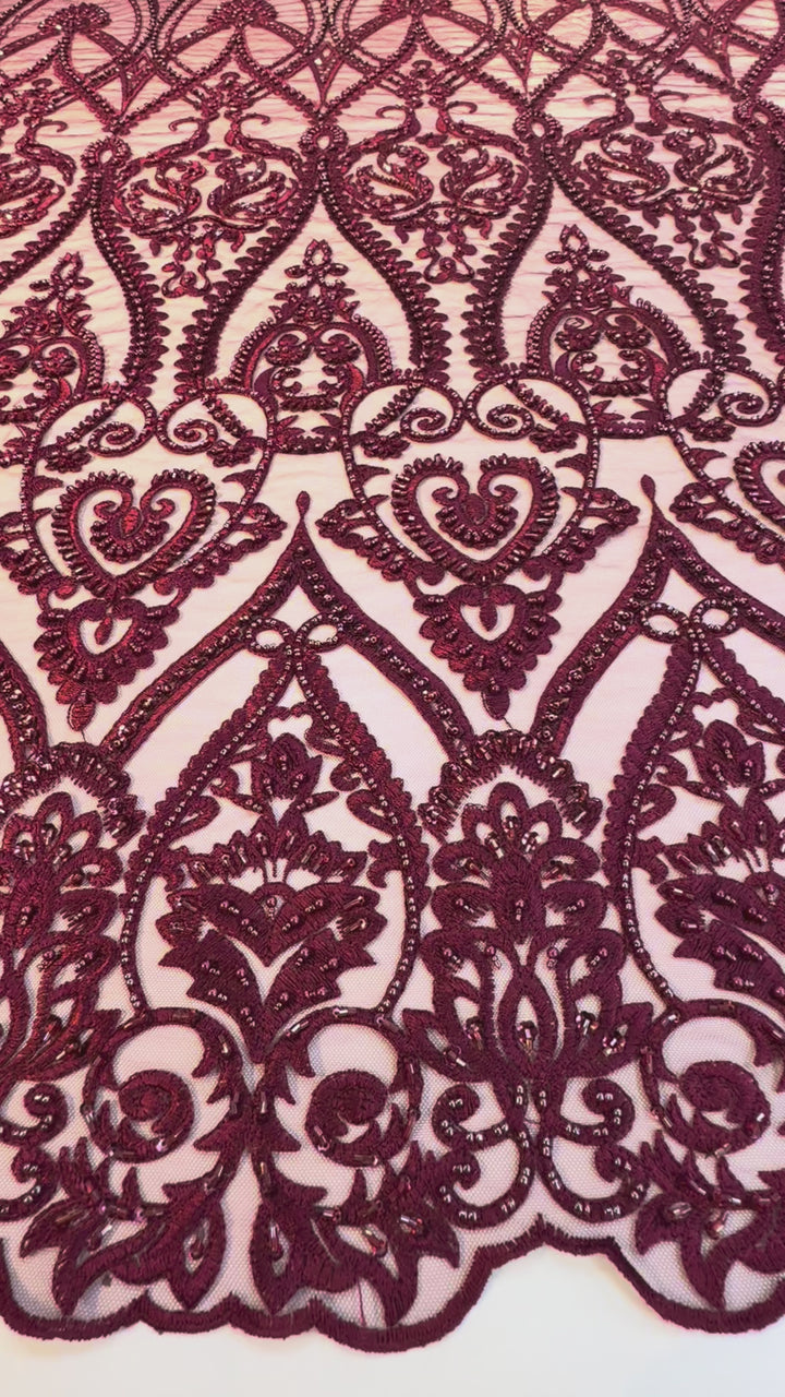 Luxury Burgundy Embroidered Lace with Sequins & Beads – Bridal & Haute Couture Fabric