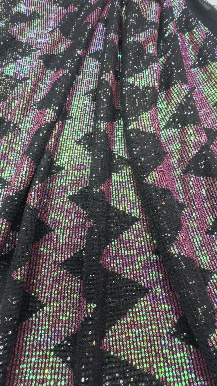 Pink-Green Iridescent Chevron Sequin Fabric on Black Mesh