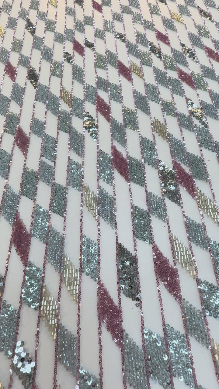 Geometric Diamond Sequin Beaded Tulle Fabric – Silver, Rose Gold & Champagne Couture Material (1 Piece = 5 Meter)