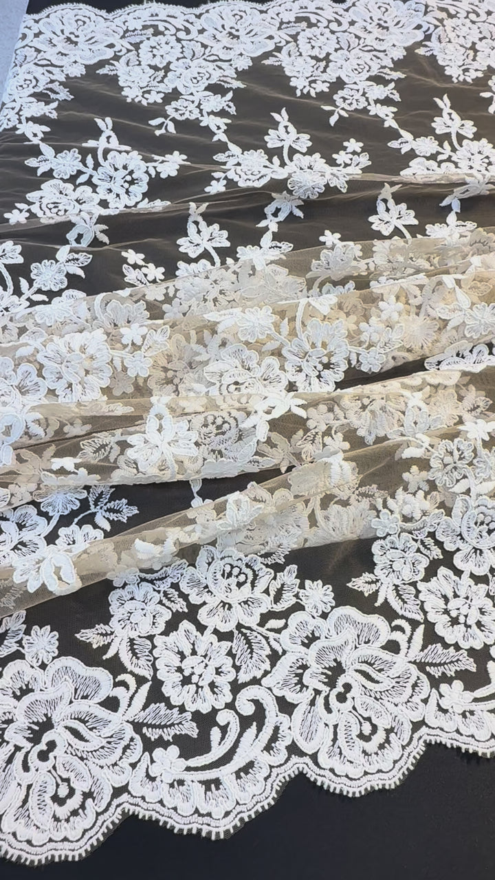 Luxury Nude Tulle with White Floral Embroidered Lace & Scalloped Edge – Bridal & Haute Couture