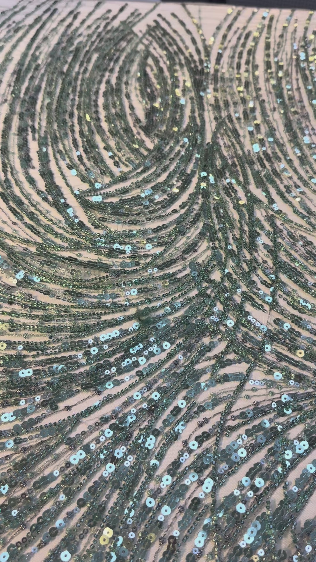 Luxury Mint Green Sequin Waves Embroidery Fabric – Haute Couture Edition
