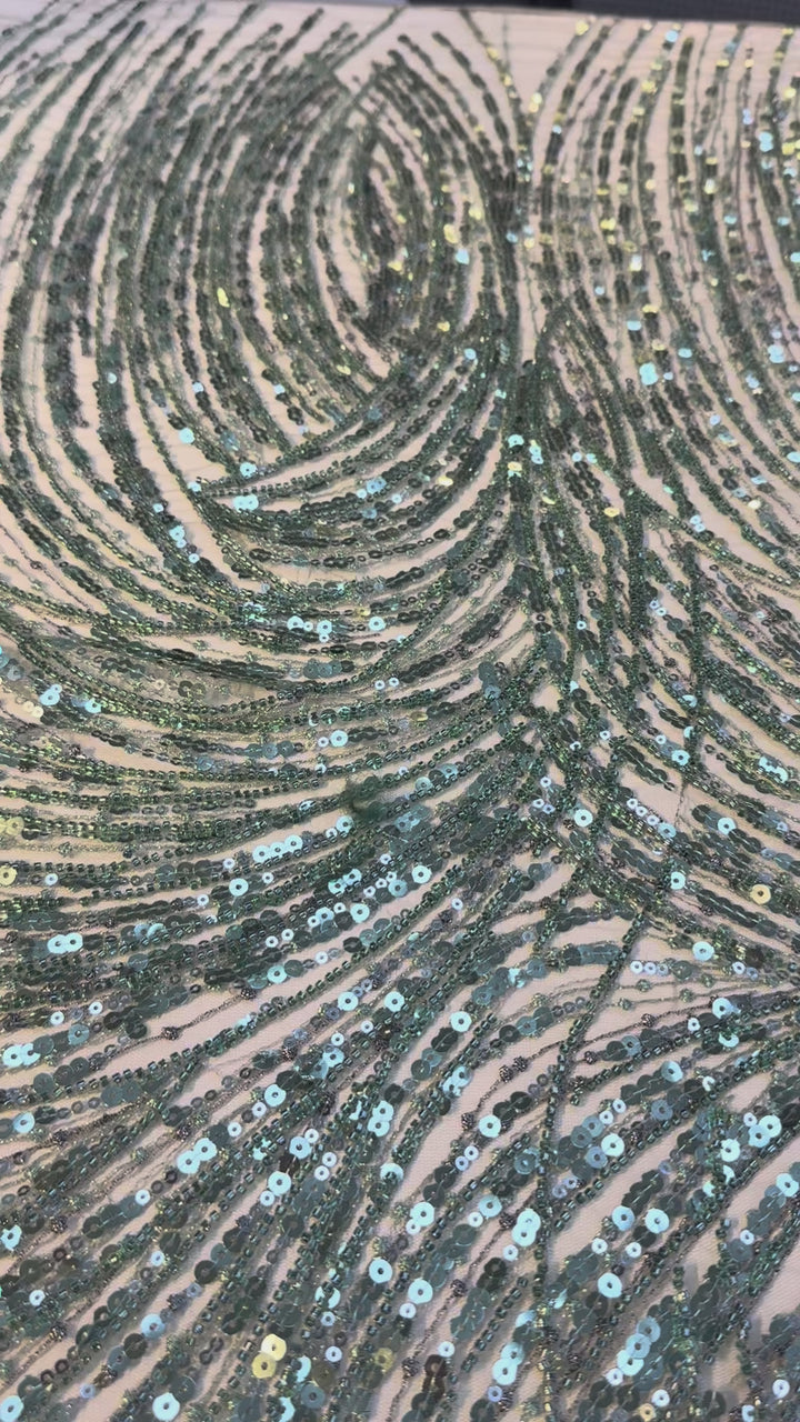 Luxury Mint Green Sequin Waves Embroidery Fabric – Haute Couture Edition