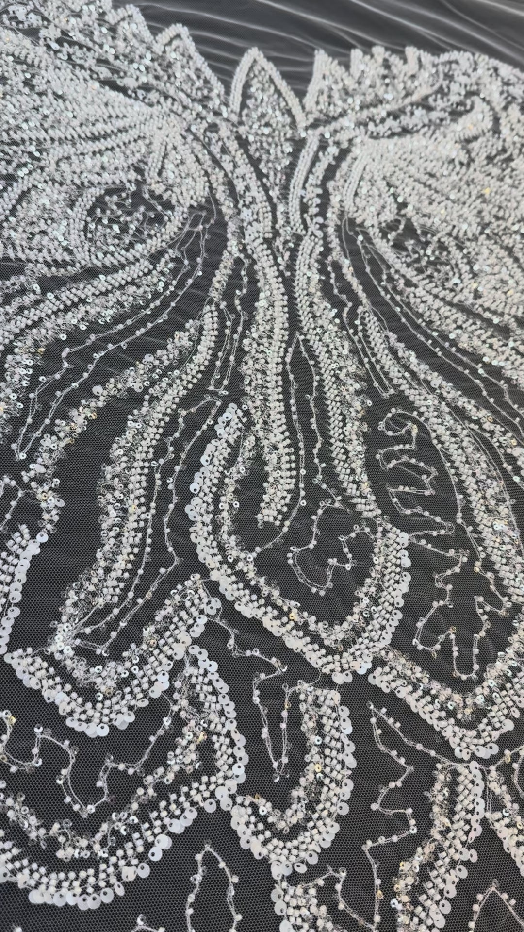 Luxury White Beaded Silver Sequin Waves on Black Tulle – Haute Couture Fabric( 1 Piece = 3 Meter)
