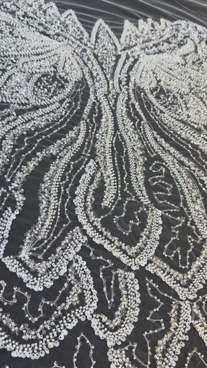 Luxury White Beaded Silver Sequin Waves on Black Tulle – Haute Couture Fabric( 1 Piece = 3 Meter)