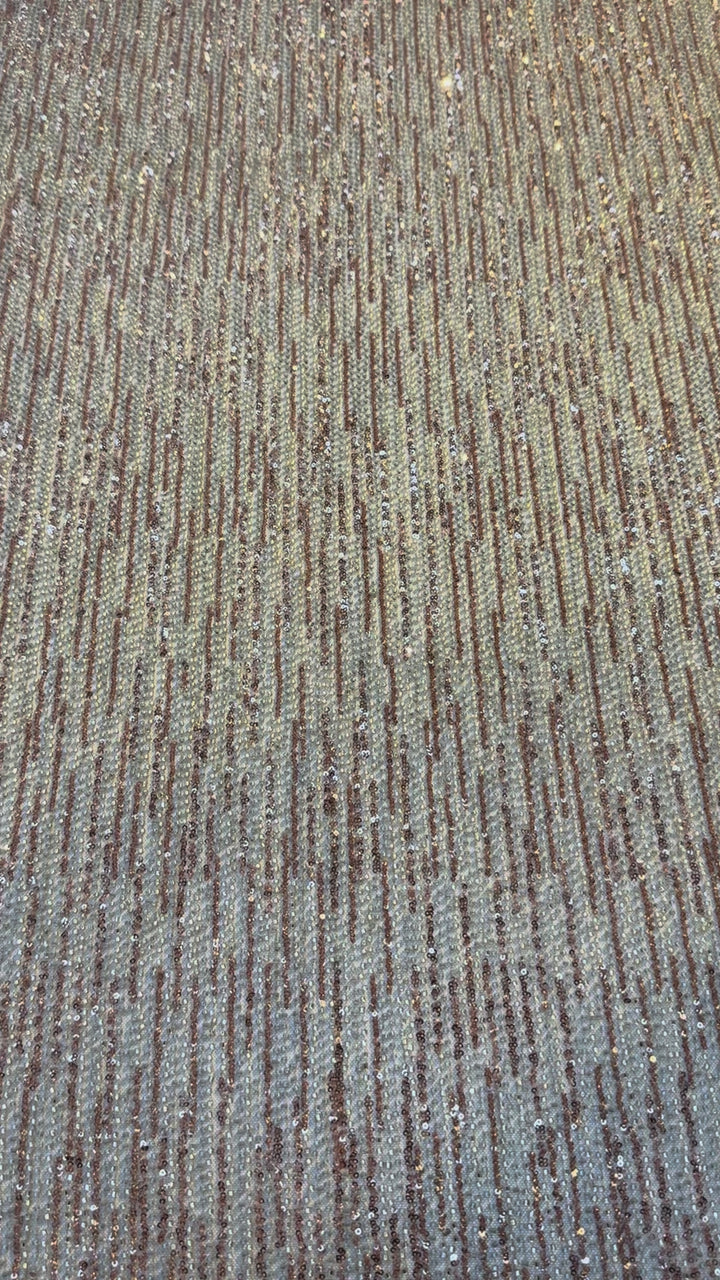 Brown Gold & Champagne Striped Sequin Beaded Fabric – Luxury Haute Couture Mesh (1 Piece = 2 Meter)