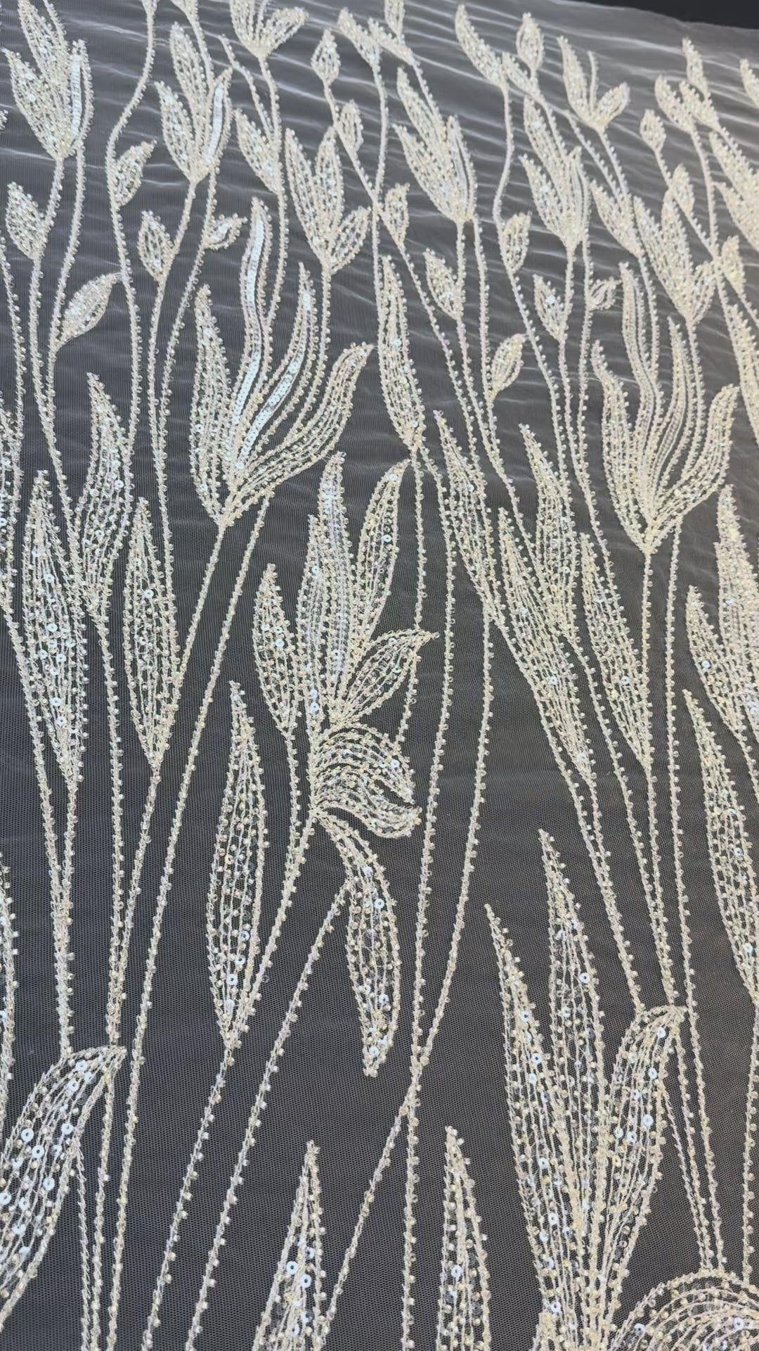 Luxury Champagne Floral Beaded Tulle Fabric with Sequins and Crystals