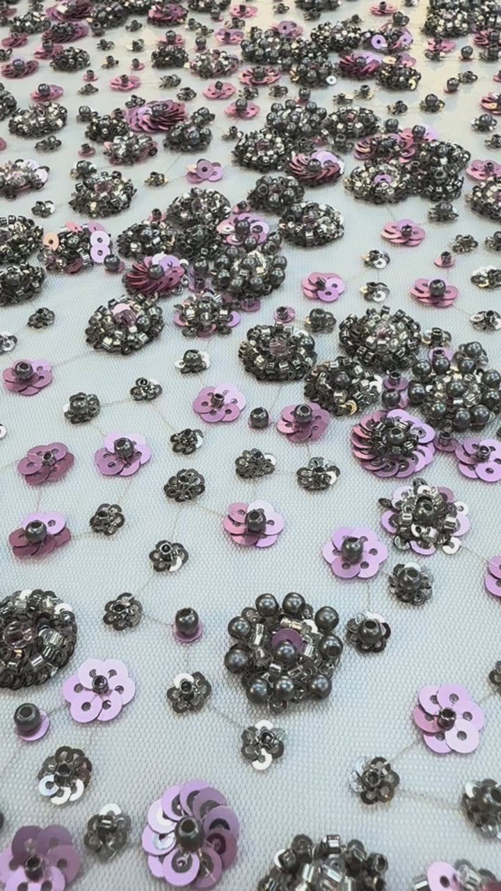 Luxury Lavender Floral Sequin Fabric – Hand-Embroidered with Metallic Beads