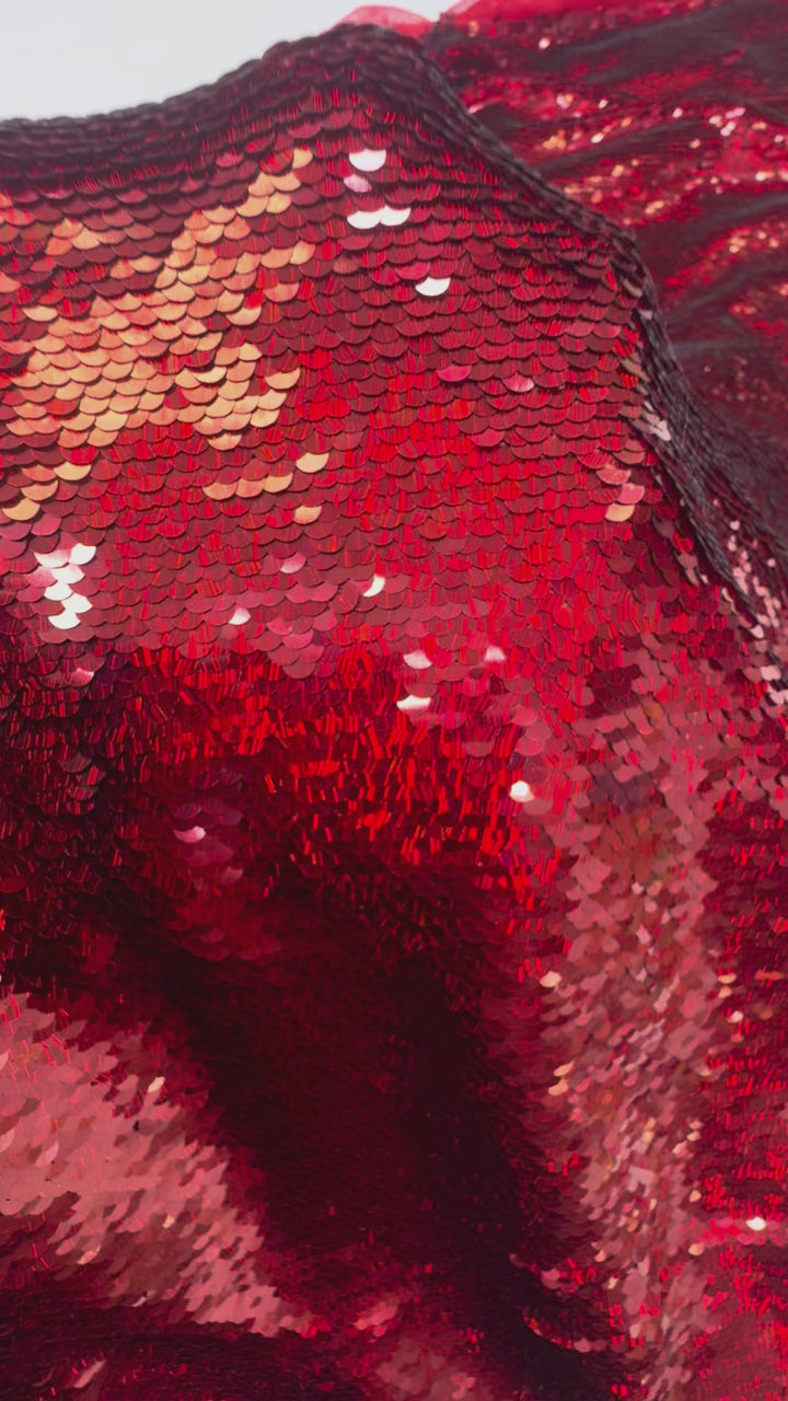 Italian Luxury Red Sequin Fabric – Bold High-Shine Couture Textile ( 1 Piece = 2.5)