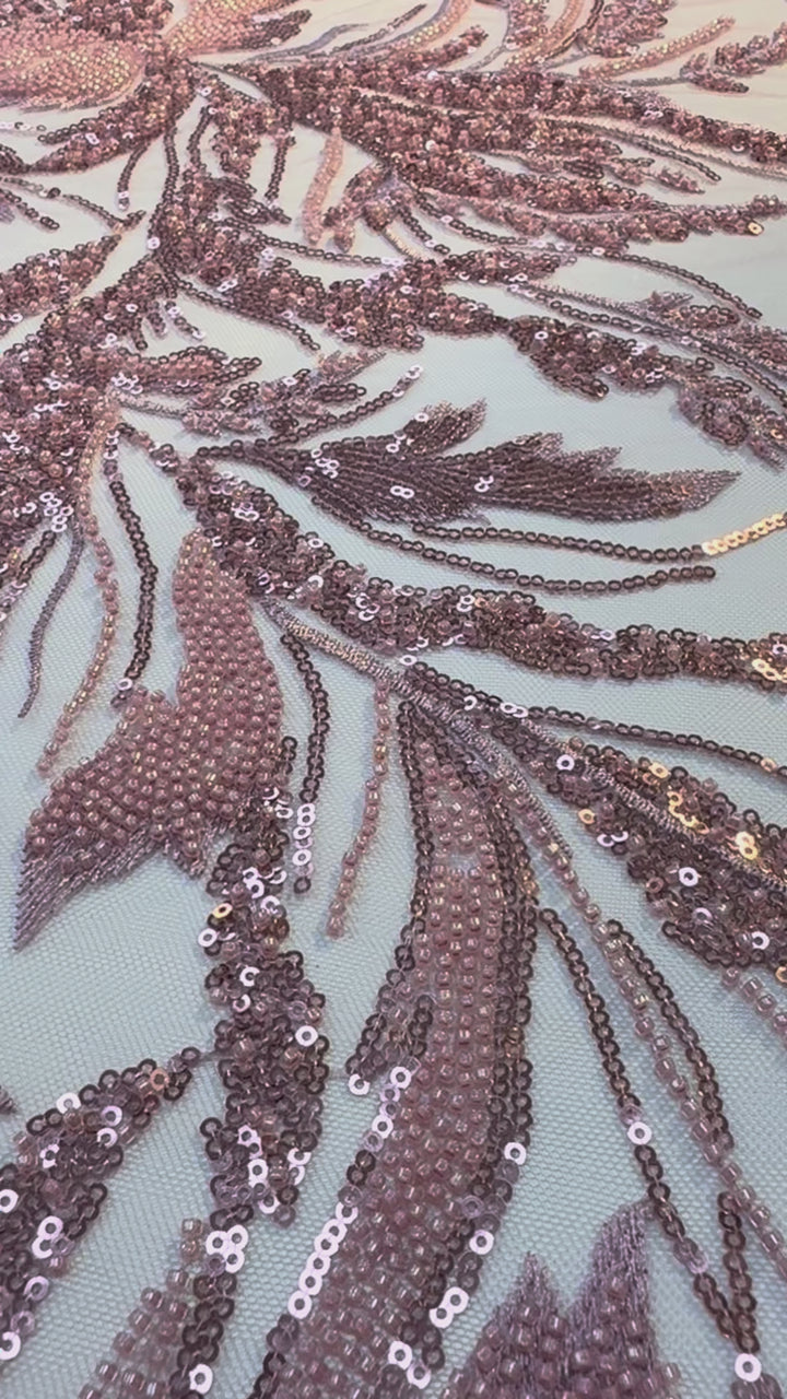 Luxury Dusty Rose Sequin Embroidered Tulle Fabric – Haute Couture Bridal & Evening Wear (1 Piece = 2.5 Meter)