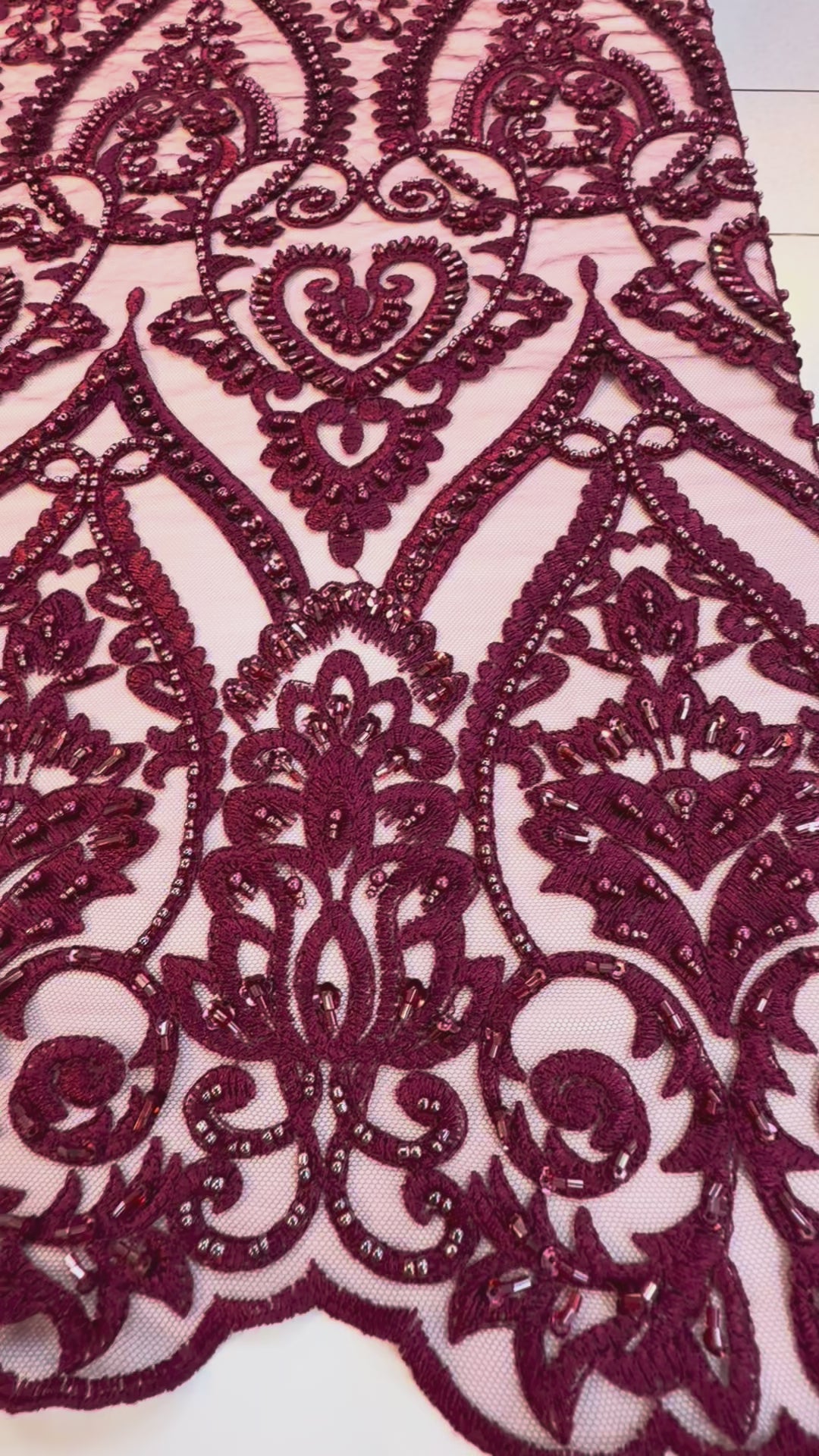 Luxury Burgundy Embroidered Lace with Sequins & Beads – Bridal & Haute Couture Fabric
