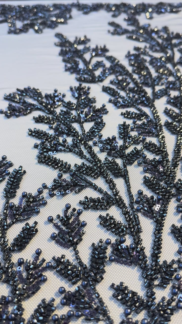 Luxury Navy Beaded Sequin Lace Fabric – Haute Couture Embroidery for Evening Gowns & Dresses ( 1 Piece = 2.5 Meter)