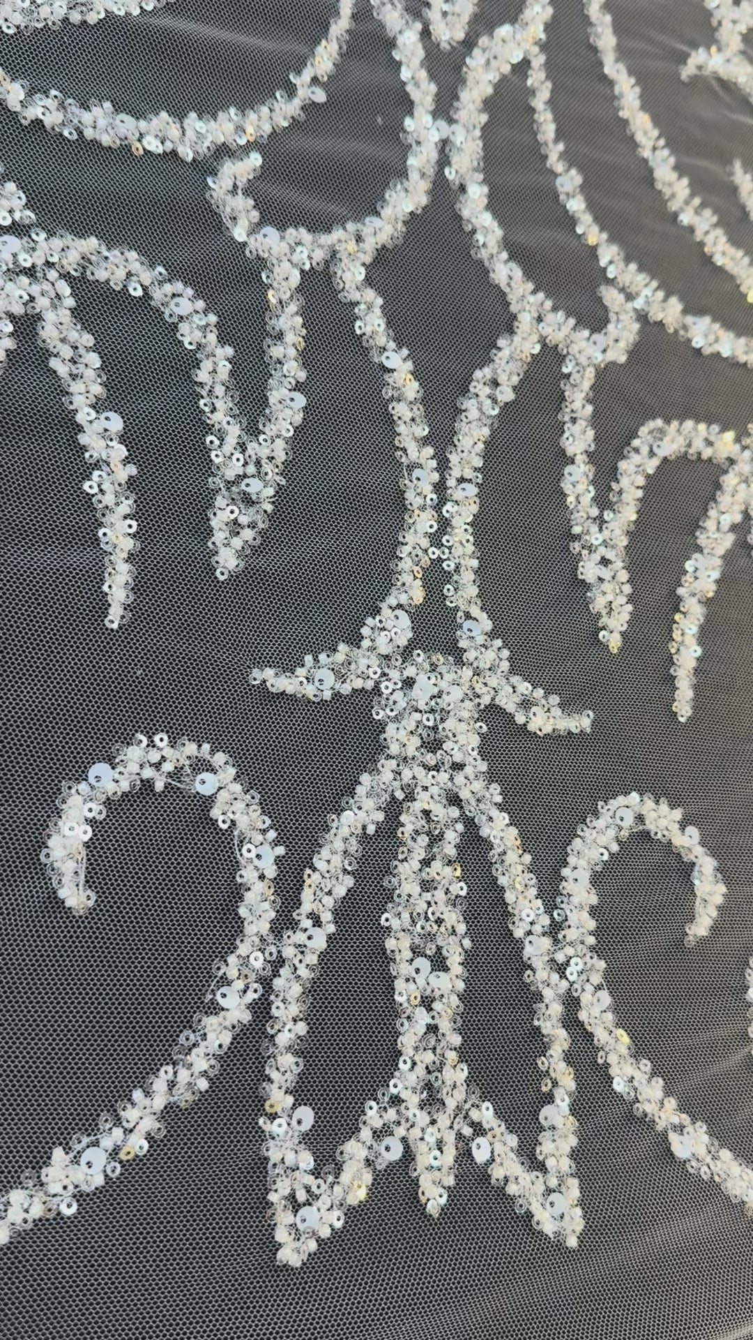 Luxury Silver Sequin Embroidered Tulle Fabric – Ornamental Floral Pattern