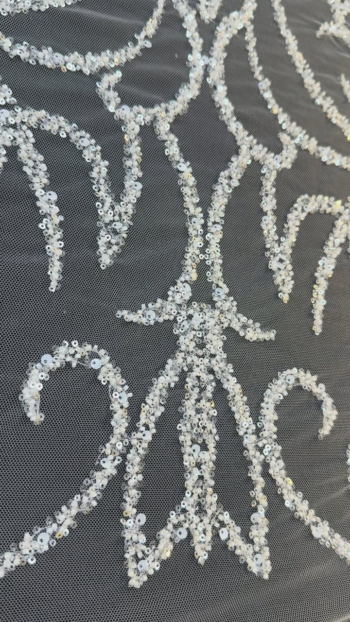 Luxury Silver Sequin Embroidered Tulle Fabric – Ornamental Floral Pattern