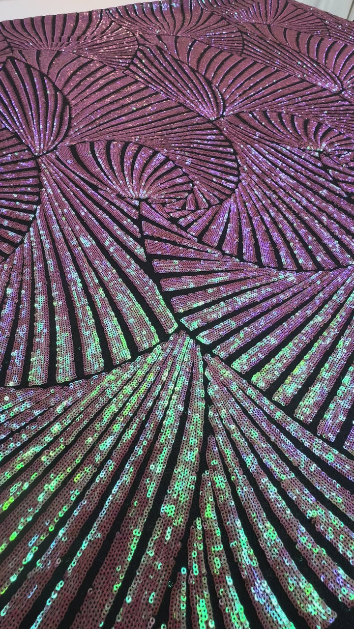 Iridescent Sequin Fan Pattern on Mauve Mesh