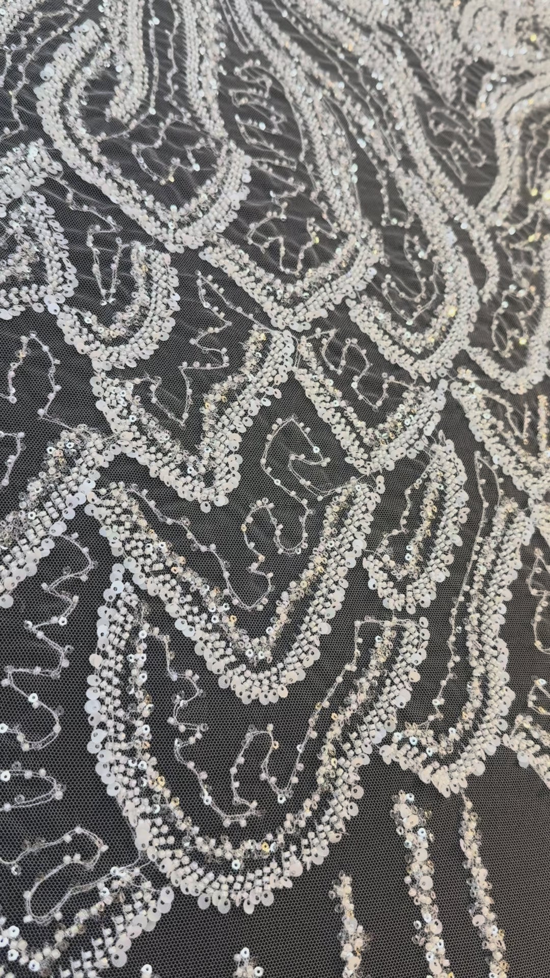 Luxury White Beaded Silver Sequin Waves on Black Tulle – Haute Couture Fabric( 1 Piece = 3 Meter)