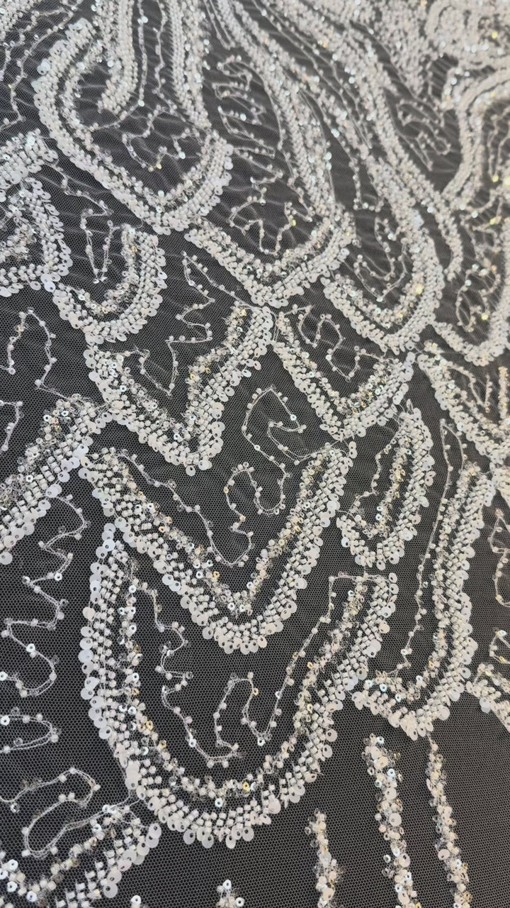 Luxury White Beaded Silver Sequin Waves on Black Tulle – Haute Couture Fabric( 1 Piece = 3 Meter)