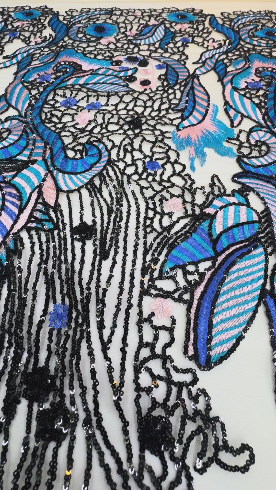 Luxury Blue & Lilac Embroidered Lace with Black Sequin Detailing