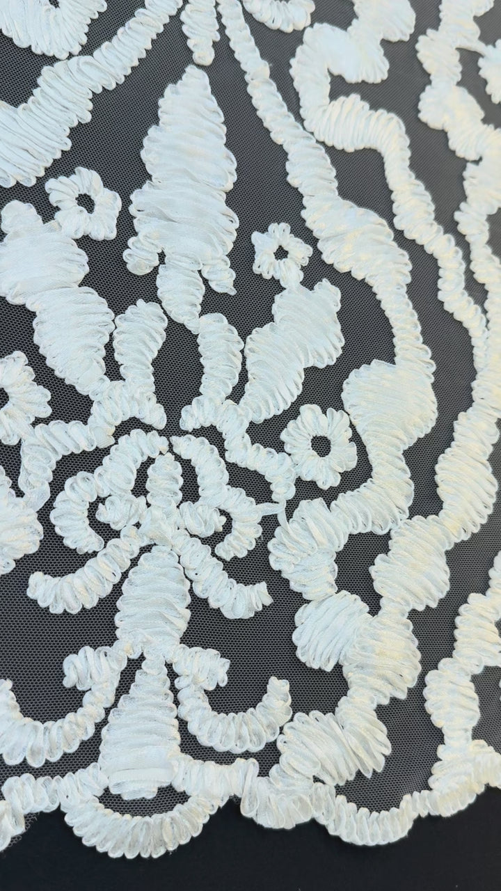 Luxury Baroque Satin Cord Embroidered Lace Fabric – White Satin Thread on Black Tulle