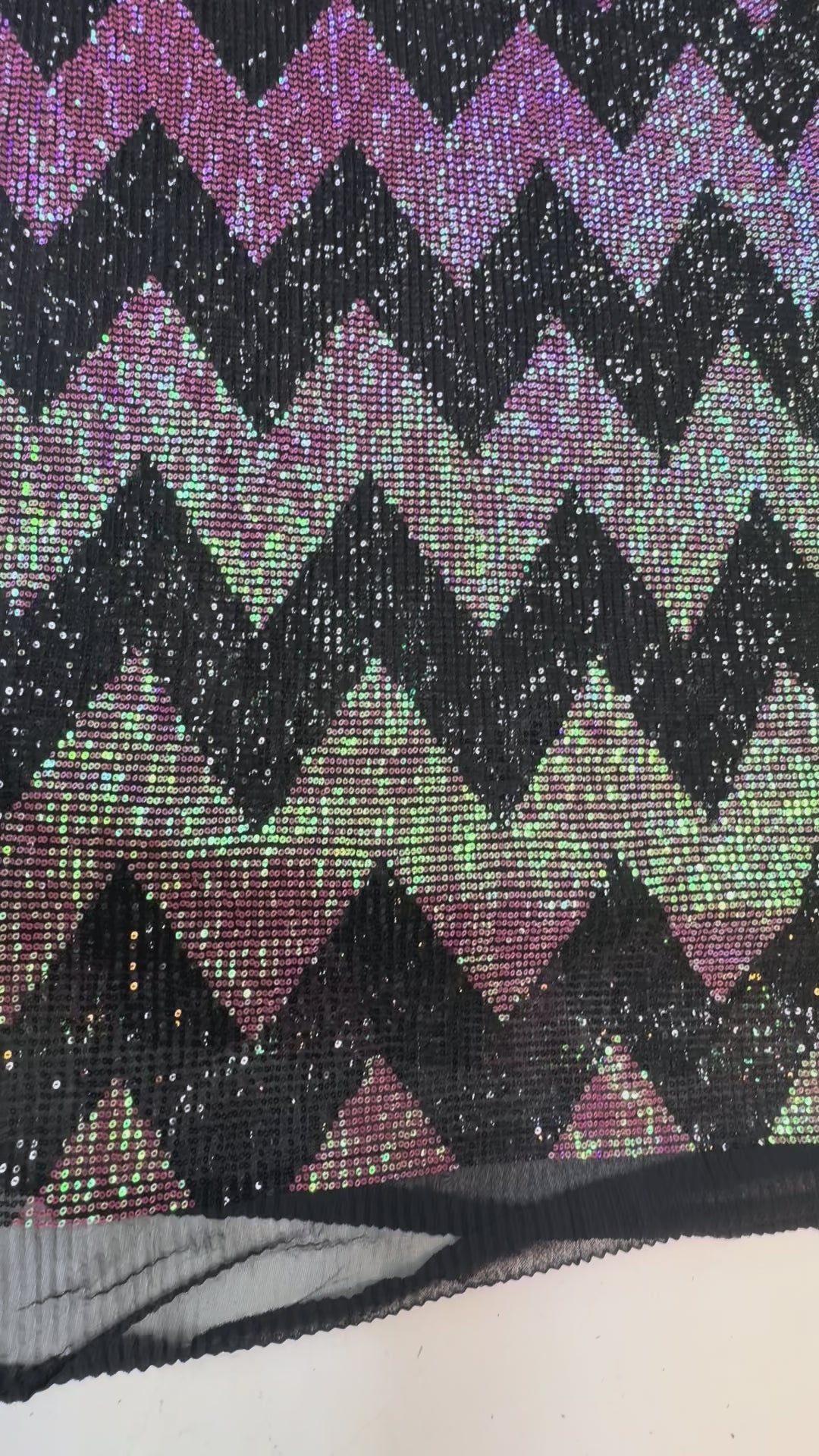 Pink-Green Iridescent Chevron Sequin Fabric on Black Mesh