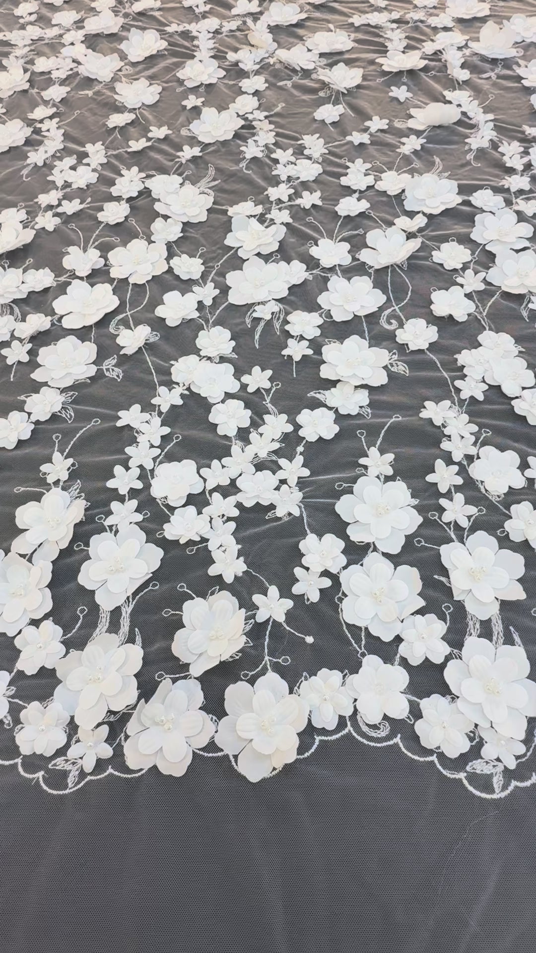 Luxury 3D White Floral Embroidered Tulle with Pearls – Bridal & Haute Couture Fabric ( 1 Piece = 3.5)