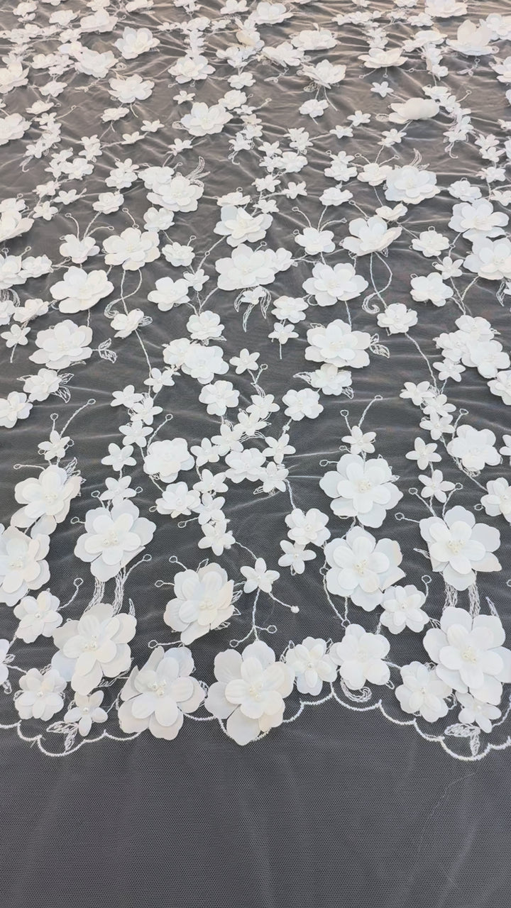 Luxury 3D White Floral Embroidered Tulle with Pearls – Bridal & Haute Couture Fabric ( 1 Piece = 3.5)