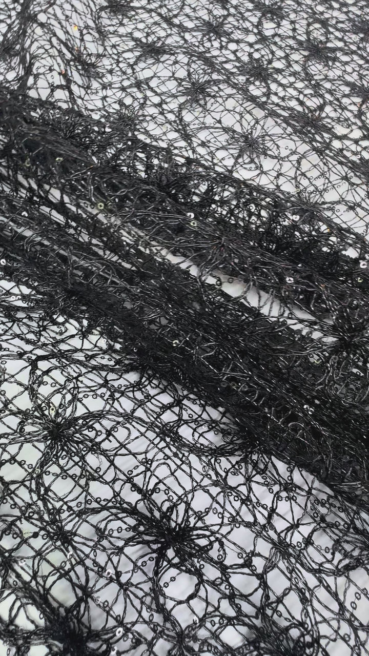 00Midnight Petal Net – Black Corded Lace with Sequins and Floral Motif
