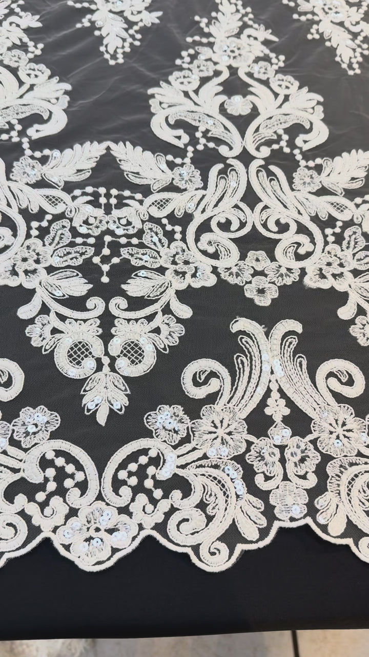 Luxury Off-white Bridal Lace with Sequins & Floral Embroidery( 1 Piece = 3.5 Meter)
