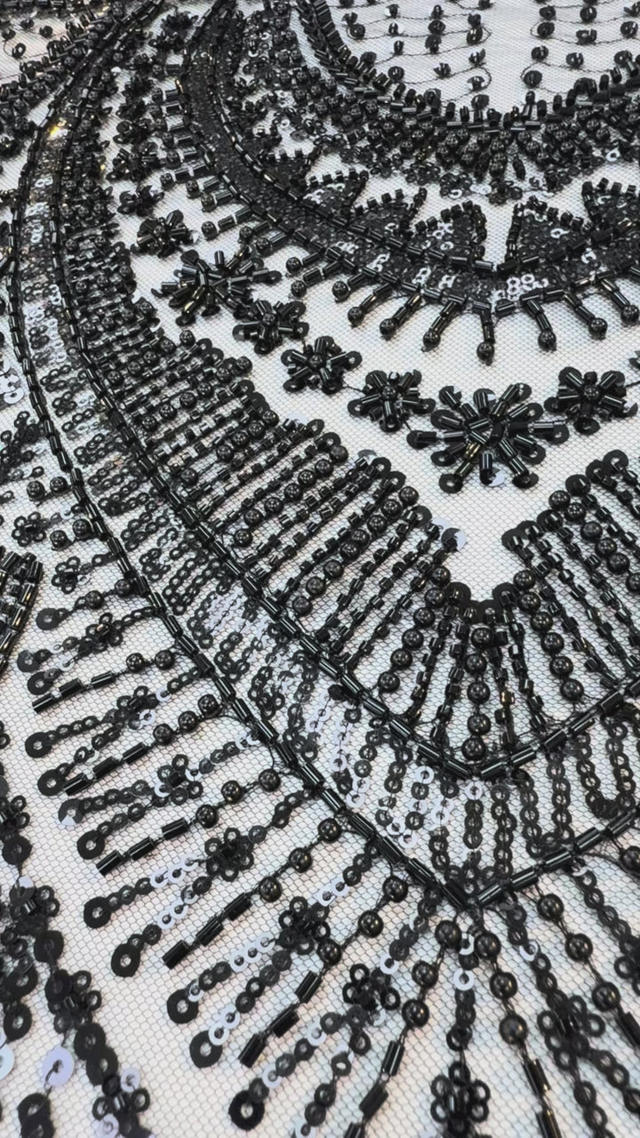 Luxury Black Sequin Embroidered Tulle Fabric – Haute Couture Evening & Bridal Wear (1 Piece = 4 Meter)