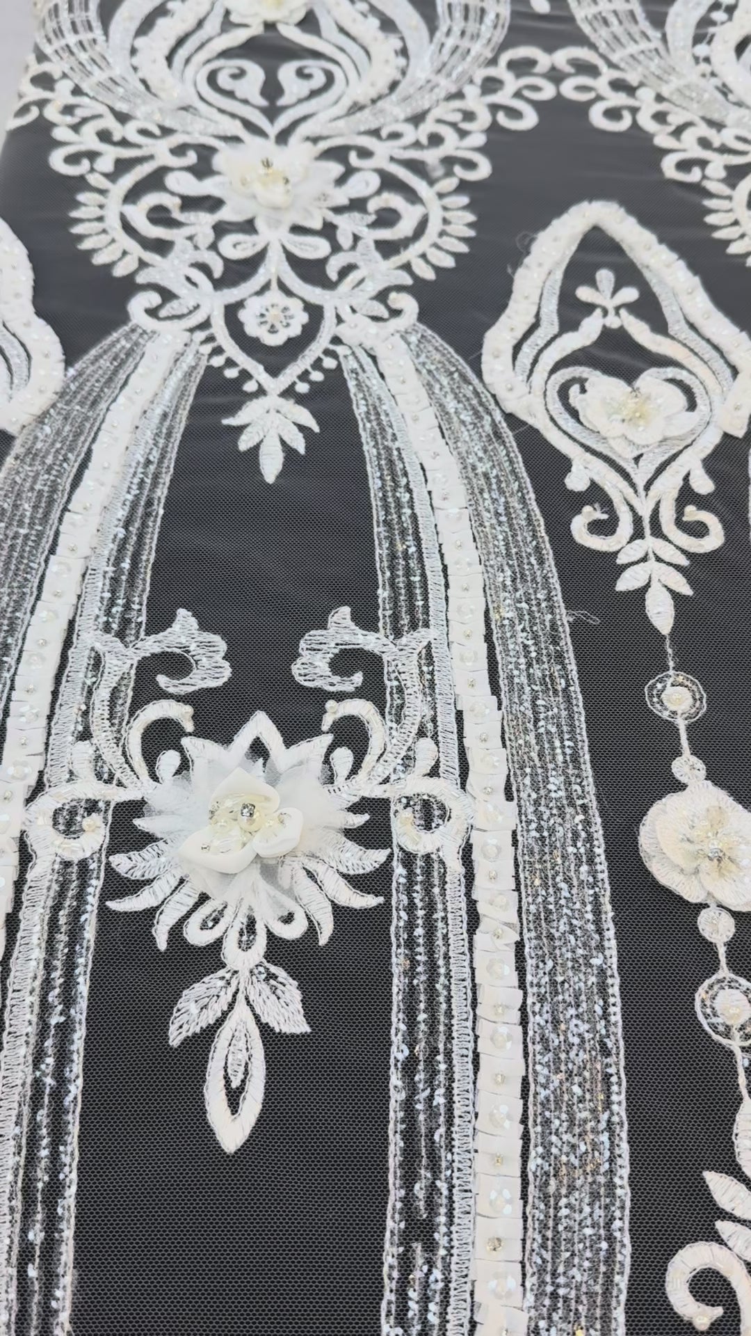 Luxury 3D Floral Beaded Lace Fabric with Sequins & Pearls – Ivory Bridal Couture Tulle ( 1 Piece = 5 Meter)