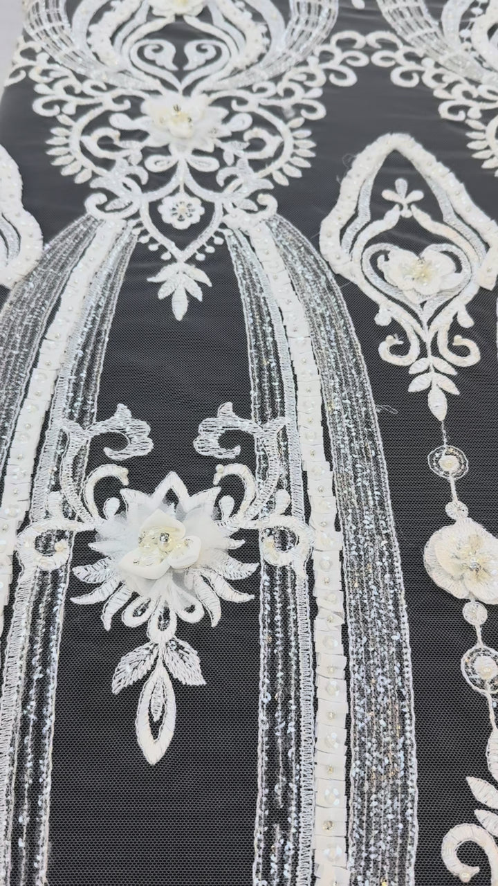 Luxury 3D Floral Beaded Lace Fabric with Sequins & Pearls – Ivory Bridal Couture Tulle ( 1 Piece = 5 Meter)